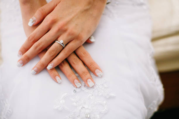 Close-up of hands as a ring is placed on a finger, symbolizing a moment of engagement or marriage. The focus on the ring highlights the commitment and love shared between the couple