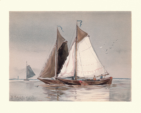 Vintage painting of Marine painting, Dutch botters on the Scheldt, 19th Century, by Walter William May. Botters are fast sailing ships that are intrinsically suited for sailing in the shallow waters
