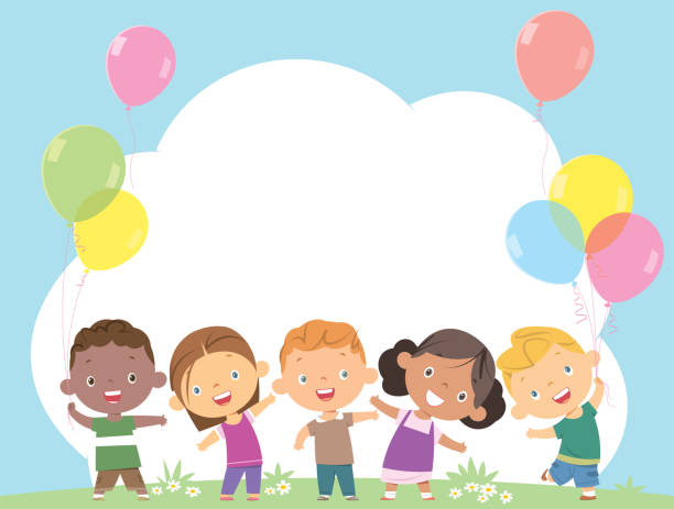 ilustraciones, imágenes clip art, dibujos animados e iconos de stock de niños felices juntos y sosteniendo globos - child balloon outdoors little boys