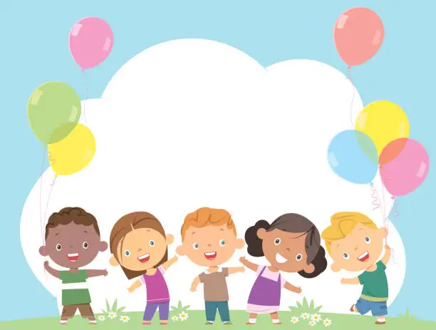 Vector illustration of Happy children together and holding balloons