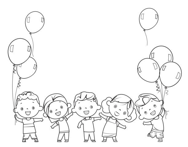 ilustraciones, im�ágenes clip art, dibujos animados e iconos de stock de libro para colorear, niños felices juntos - child balloon outdoors little boys