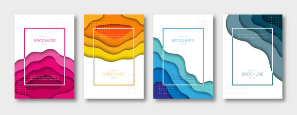 Set of brochure templates, covers, abstract 3d backgrounds with paper cut shapes. A4 size. Vector Illustration. Set of brochure templates, covers, abstract 3d backgrounds with paper cut shapes. A4 size. Vector Illustration. Can be used as booklet, poster, banner, invitation, business presentation. change borders stock illustrations