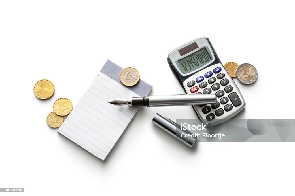 Office: Note Book, Calculator, Coins and Pen Isolated on White Background Calculator Stock Photo