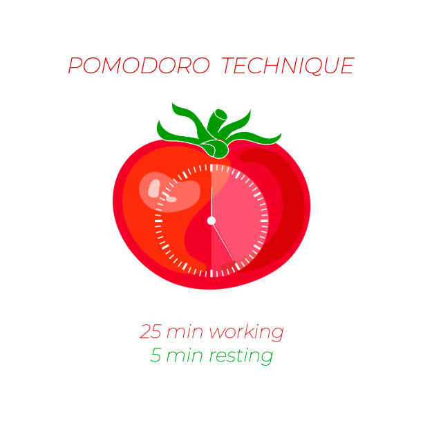 vektorabbildung der pomodoro-technik, zeitmanagementkonzept, uhrenwand auf tomaten. - face time stock-grafiken, -clipart, -cartoons und -symbole