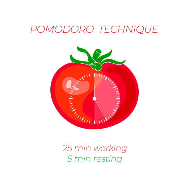 illustrations, cliparts, dessins animés et icônes de illustration vectorielle de technique de pomodore, concept de gestion de temps, visage d’horloge sur la tomate. - face time