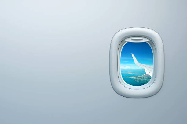 ventana de avión con vista de la costa del mar y lugar para el texto - airplane window indoors looking through window fotografías e imágenes de stock
