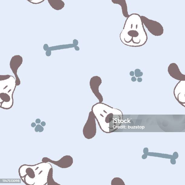 Seamless Pencil Doodle Hand Drawing Grunge Line Art Animal Pet Dog Repeat Pattern With Bone And Paw Foot Print In Blue Background Stock Illustration - Download Image Now