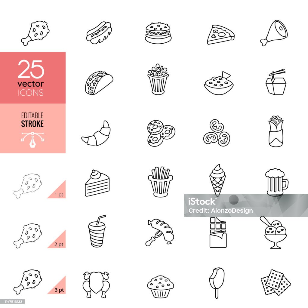 Fast Food Line Icons. Editable Stroke. Icon Symbol stock vector
