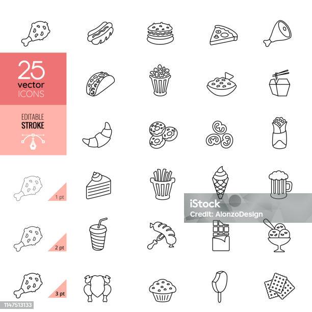 Fast Food Line Icons Editable Stroke Stock Illustration - Download Image Now - Icon Symbol, Hot Dog, Burrito