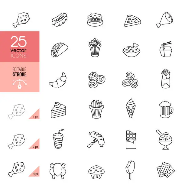 Vector illustration of Fast Food Line Icons. Editable Stroke.