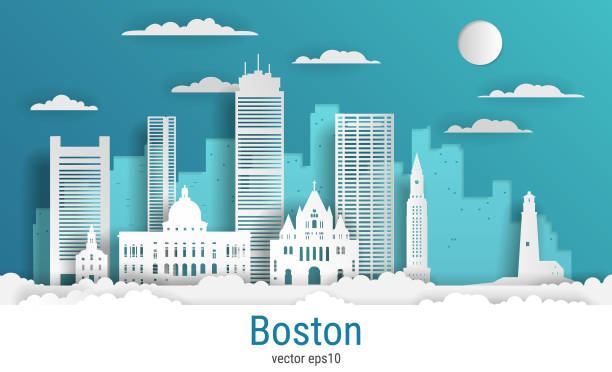 剪紙樣式波士頓城市, 白色紙, 向量股票例證。城市景觀與所有著名的建築。波士頓天際線城市設計組合 - boston 幅插畫檔、美工圖案、卡通及圖標