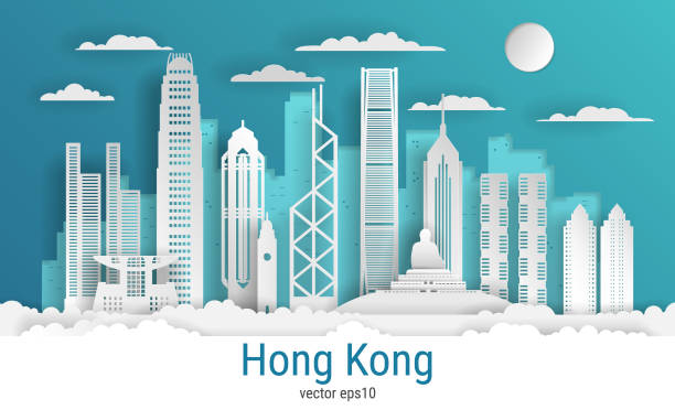 香港剪紙風格, 白色紙, 向量股票插圖。城市景觀與所有著名的建築。香港天際城市設計組合 - hong kong 幅插畫檔、美工圖案、卡通及圖標