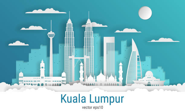 illustrazioni stock, clip art, cartoni animati e icone di tendenza di carta taglio stile kuala lumpur città, carta a colori bianca, illustrazione vettoriale stock. paesaggio urbano con tutti gli edifici famosi. skyline kuala lumpur composizione della città per il design - national holiday illustrations