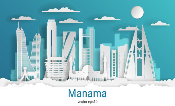 illustrazioni stock, clip art, cartoni animati e icone di tendenza di carta taglio stile manama città, carta a colori bianca, illustrazione di materiale vettoriale. paesaggio urbano con tutti gli edifici famosi. skyline manama composizione città per il design - bahrain