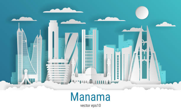 giấy cắt phong cách manama thành phố, giấy màu trắng, hình minh họa chứng khoán vector. cảnh quan thành phố với tất cả các tòa nhà nổi tiếng. thành phần thành phố skyline manama để thiết kế - large cuts hình minh họa sẵn có