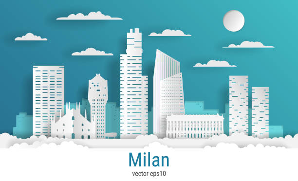 kağıt kesim tarzı milano şehir, beyaz renkli kağıt, vektör stok i̇llüstrasyon. tüm ünlü binalar ile cityscape. skyline milan şehir kompozisyon tasarım - milan stock illustrations