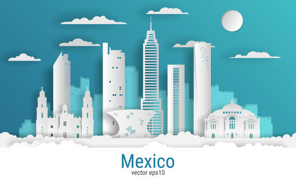 giấy cắt phong cách mexico city, giấy trắng màu, vector cổ phiếu minh họa. cảnh quan thành phố với tất cả các tòa nhà nổi tiếng. thành phần thành phố skyline mexico để thiết kế - large cuts hình minh họa sẵn có