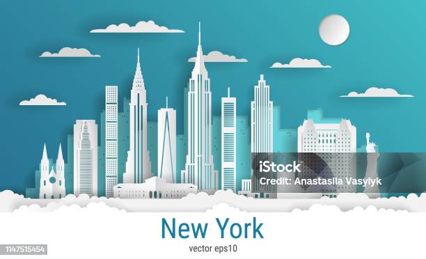 Paper Cut Style New York City White Color Paper Vector Stock Illustration Cityscape With All Famous Buildings Skyline New York City Composition For Design - Arte vetorial de stock e mais imagens de Cidade de Nova Iorque