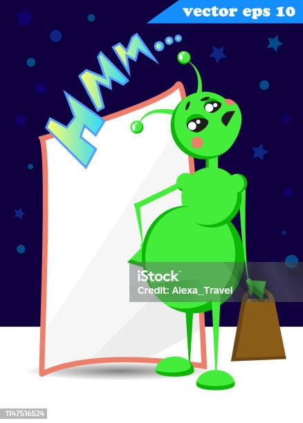 Green Funny Cartoon Style Alien With Sturry Sky Stock Illustration - Download Image Now - Alien, Animal, Art