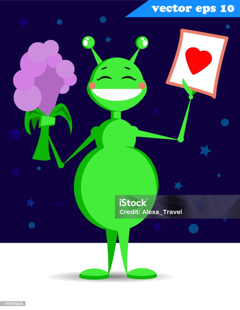 green funny cartoon style alien with sturry sky Cute funny cartoon style  green alien with little bag.Snoopy, grumpy and unhappy face. Banner with a place for your text. Vector illustration for your designs - sticker, poster, print, greeting card, banner. Alien stock vector