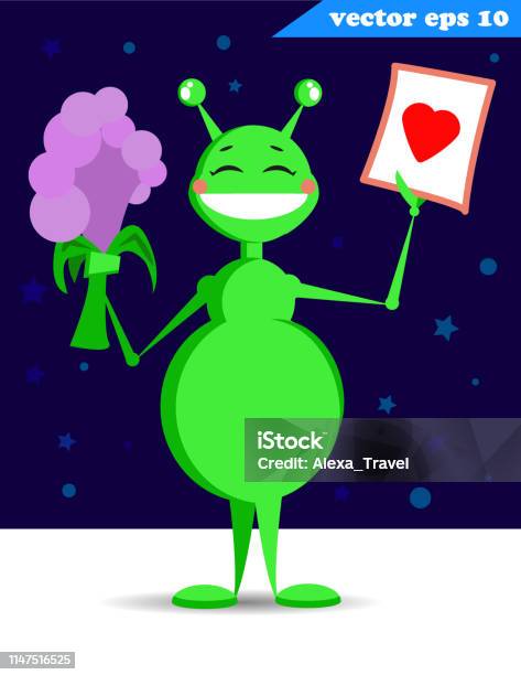 Green Funny Cartoon Style Alien With Sturry Sky Stock Illustration - Download Image Now - Alien, Animal, Art