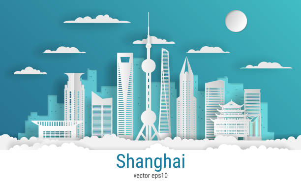 kuvapankkikuvitukset aiheesta paperi leikattu tyyli shanghain kaupunki, valkoinen väripaperi, vektori arkistokuvitus. kaupunkikuva kaikilla kuuluisilla rakennuksilla. skyline shanghain kaupungin kokoonpano suunnitteluun - shanghai