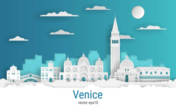 Paper cut style Venice Italy, white color paper, vector stock illustration. Cityscape with all famous buildings. Skyline Venice city composition for design Paper cut style Venice Italy, white color paper, vector stock illustration. Cityscape with all famous buildings. Skyline Venice city composition for design venezia stock illustrations