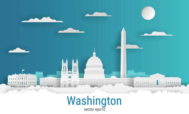 剪紙樣式華盛頓城市, 白色紙, 向量股票例證。城市景觀與所有著名的建築。天際線華盛頓城市的設計組合 - washington dc 幅插畫檔、 美工圖案、卡通及圖標
