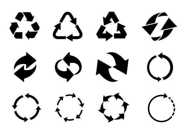 ilustrações de stock, clip art, desenhos animados e ícones de recycled cycle arrows icon set. vector illustration - direction arrow sign globe planet