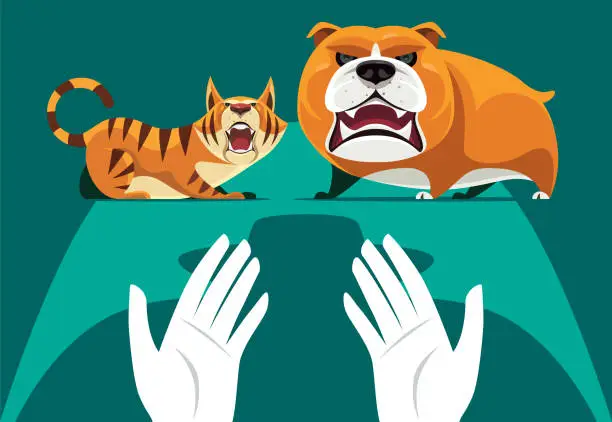 Vector illustration of angry cat and dog yelling to stranger