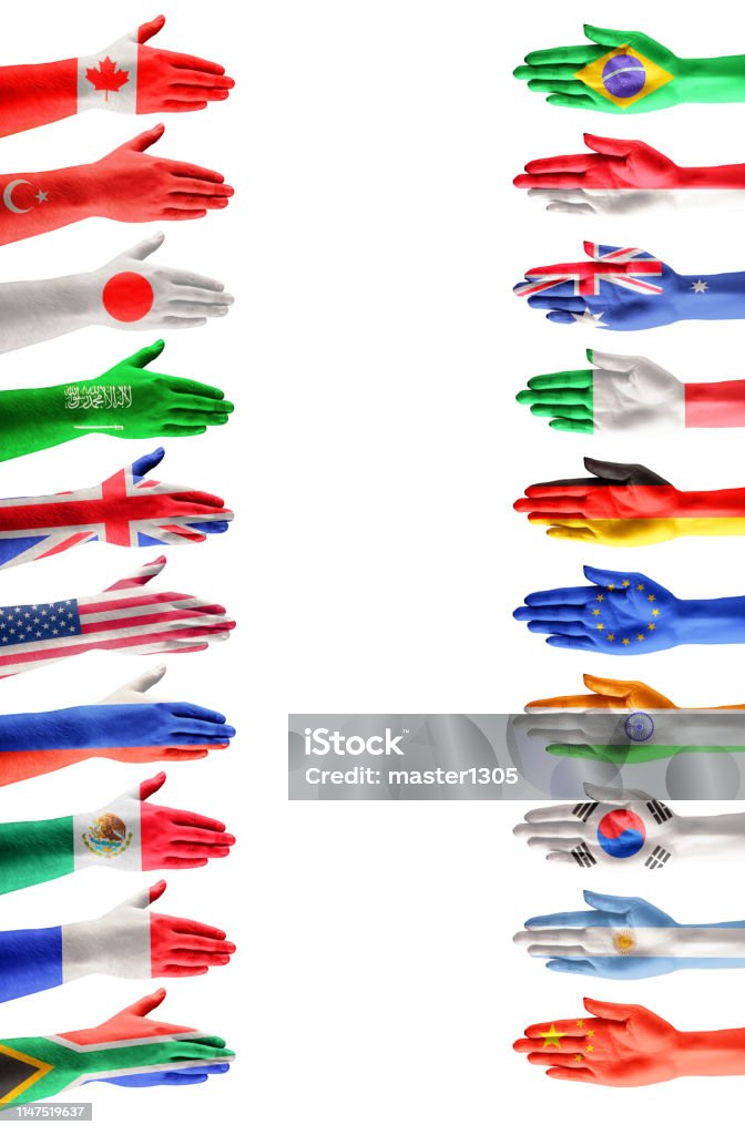 Hands colored in flags of participating countries of The Group of Twenty Hands colored in flags of participating countries of The Group of Twenty, major advanced and emerging economies on white background. Collage. Concept of international economical relationships. Flag Stock Photo