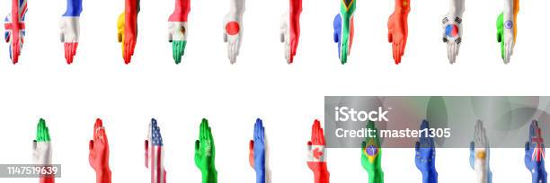 Hands Colored In Flags Of Participating Countries Of The Group Of Twenty Stock Photo - Download Image Now