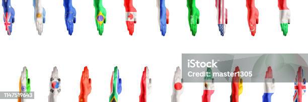Hands Colored In Flags Of Participating Countries Of The Group Of Twenty Stock Photo - Download Image Now
