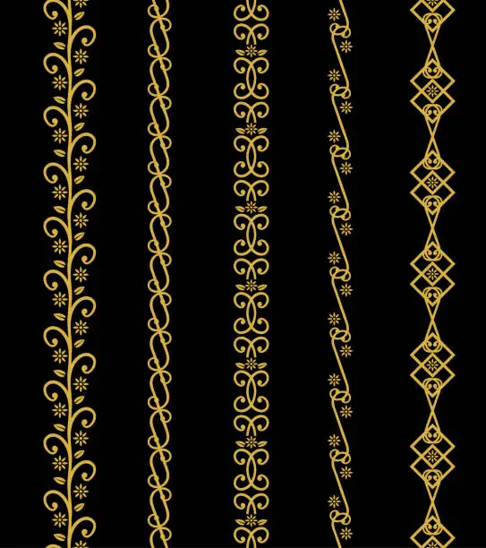 Vector illustration of Ornamental gold borders, frames and dividers. Decorative floral flourish pattern embellishments.