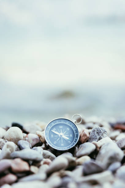 istock Navigation concept: Compass is lying on the beach near the sea 1147523439