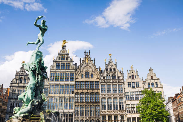 Brabo monument on market square in Antwerp, Belgium Beautiful old town of Antwerpen. Popular travel destination and tourist attraction capital region photos stock pictures, royalty-free photos & images
