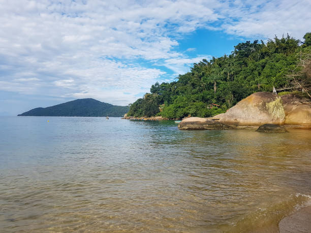 View of the beach with rocks and trees in the background.Rio de Janeiro - Brazil 04/2018