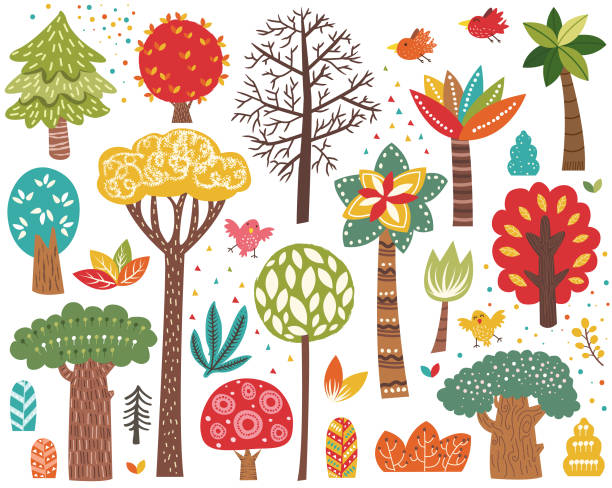 ładny kolorowy zestaw elementów drzewa - bush bird tree wood stock illustrations