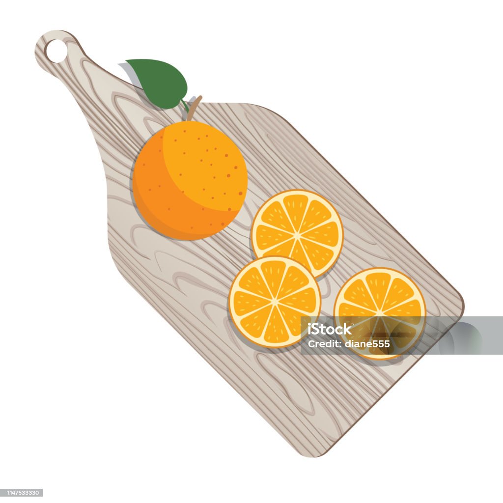 Wooden Cutting Board With Fresh Oranges Fresh Oranges on a modern wood cutting board Healthy Eating stock vector