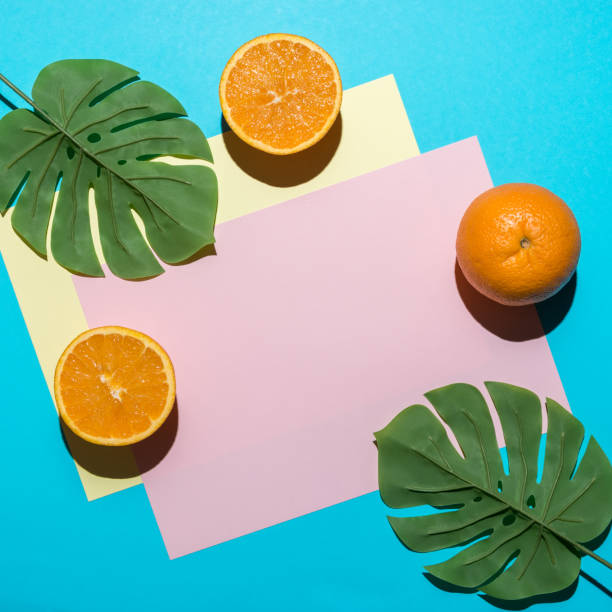 istock Tropical palm leaf with sliced orange on bright blue background. Minimal summer composition. Flat lay. 1147536019