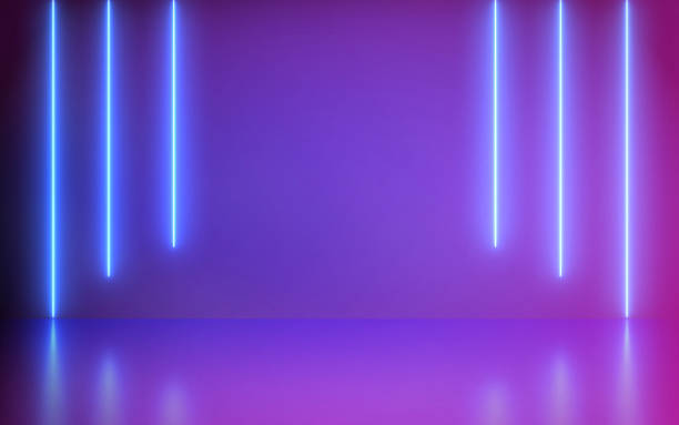 futuristisches abstract blue and purple neon line light shapes on colorful background and reflective with empty space for text-render. - laser show fotos stock-fotos und bilder