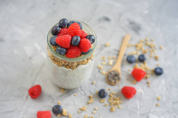 istock Coconut Chia seed pudding with berries and muesli 1147542170