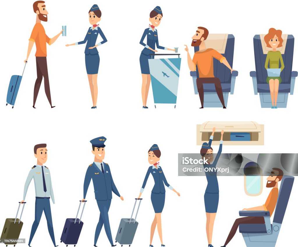 Airplane passengers. Stewardess in uniform boarding airplane safety vector cartoon characters Airplane passengers. Stewardess in uniform boarding airplane safety vector cartoon characters. Illustration of flight attendant, woman hostess and passenger Airplane stock vector