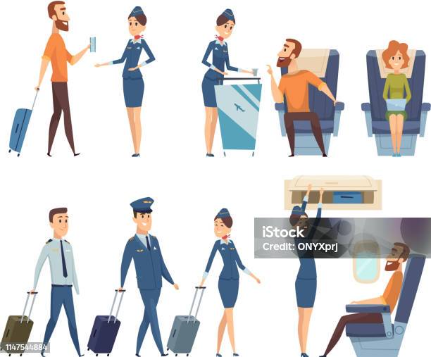 Airplane Passengers Stewardess In Uniform Boarding Airplane Safety Vector Cartoon Characters Stock Illustration - Download Image Now