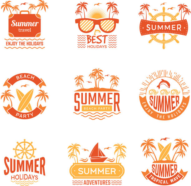 yaz rozetleri. seyahat etiketleri ve logolar palmiye ağacı içecekler güneş tatil tropikal vektör sembolleri - plaj partisi stock illustrations