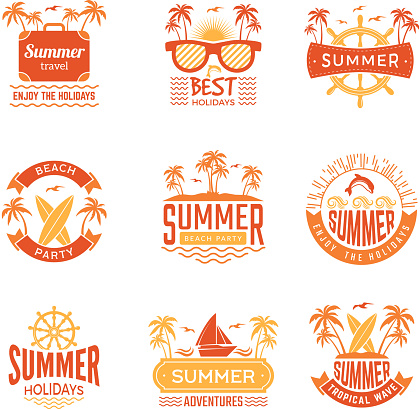 Summer badges. Travel labels and logos palm tree drinks sun vacation tropical vector symbols. Illustration of summer holiday badge, palm tree and beach