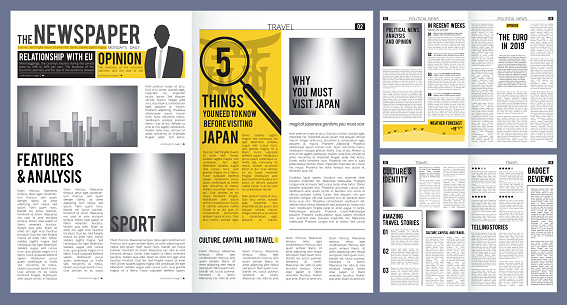 Newspaper headline. Press layout template of newspaper cover and pages with articles vector design. Newspaper finance and breaking news, daily publication information illustration