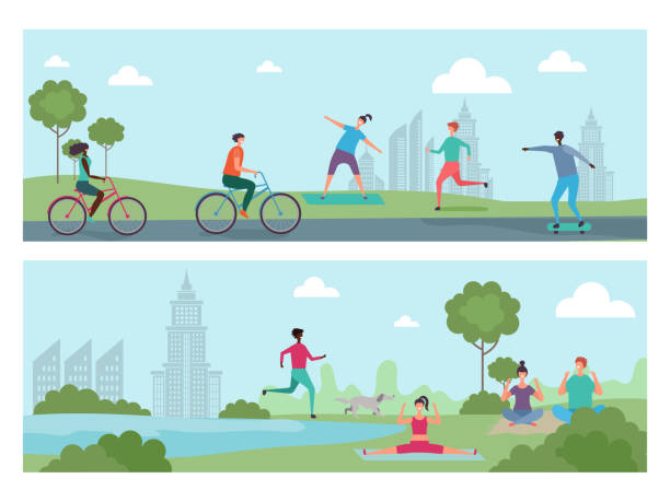 những người chơi thể thao trong công viên thành phố. hoạt động ngoài trời, người quốc tế đi xe đạp, chạy bộ, tập yoga vector minh họa - nature walk hình minh họa sẵn có