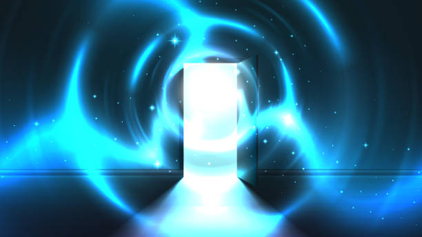 istock Light tunnel from open door of dark room, abstract mystical paranormal glowing exit. Light in the end of a tunnel. Portal to another world, alien universe. Open door template, sci-fi background 1147550546