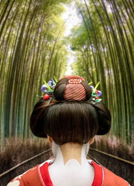 Geisha walking through bamboo trees in Kyoto - Japanese culture